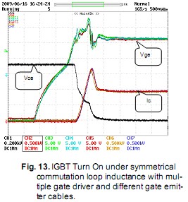 IGBT打开在对称变换环形电感与多个门驱动器和不同门发射器的电缆